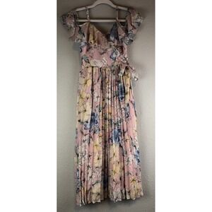 Rare Editions Womens Size 12 Cold-Shoulder Floral Pleated Long Maxi Dress‎ Boho
